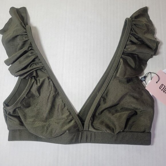 Missguided Olive Green Ruffle Trim Bikini Top Swimwear Beachwear Size US 0 - Picture 1 of 6